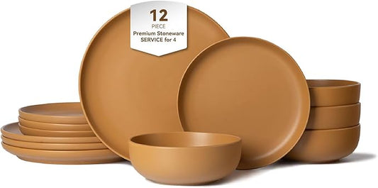 12-Piece Matte Orange Dinnerware Set,Stoneware Dinnerware for 4, Microwave & Dishwasher Safe, Stackable Design for Kitchen and Dining - Plates and Bowls