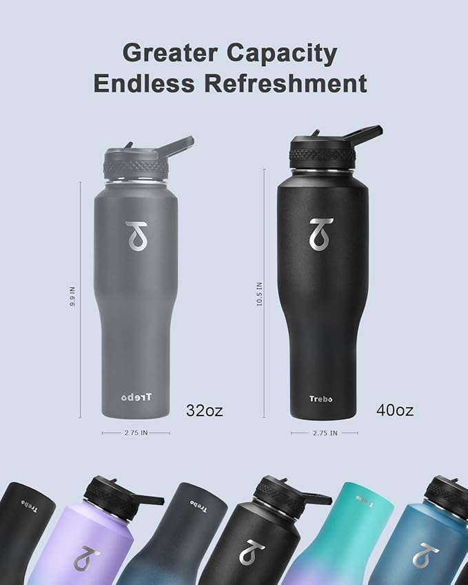 Trebo 40 oz Insulated Water Bottle that Fits in Car Cup Holder,Triple Wall Stainless Steel Water Bottles Insulated,LeakProof,Keep 48 hrs Cold & 24 hrs Hot,Metal Tumbler with Paracord Handle,Straw