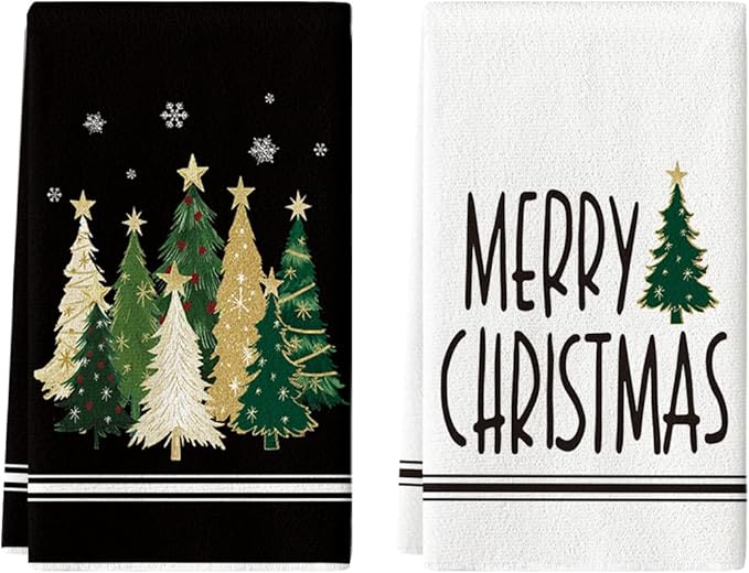 Artoid Mode Black Xmas Tree Merry Christmas Kitchen Towels Dish Towels, 18x26 Inch Farmhouse Star Snowflakes Decoration Cleaning Set of 2