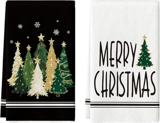 Artoid Mode Black Xmas Tree Merry Christmas Kitchen Towels Dish Towels, 18x26 Inch Farmhouse Star Snowflakes Decoration Cleaning Set of 2