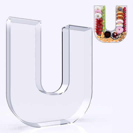 11" Acrylic Letter Charcuterie Box, Reusable Fillable Alphabet Number Shaped Form Tray for Birthday Anniversaries, Party Decorative Serving Plates Display Candy Cake (U)