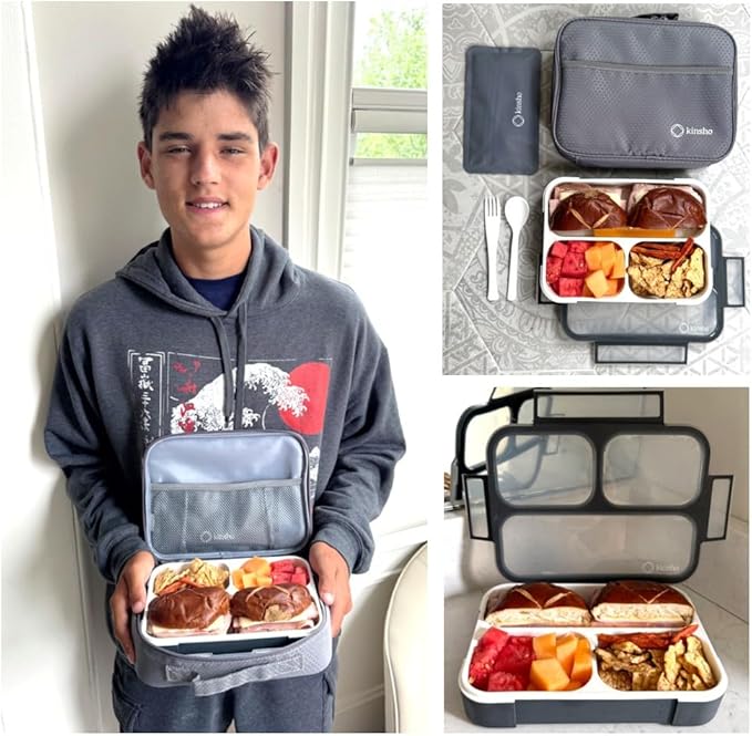 Bento Lunch Box with Bag and Ice Pack Set | Bento Box Adult Lunch Box | 3 Compartment Boxes, Insulated Bags for Work School | Containers for Teens Adults Boys Kids Lunches | Grey Black Large Kit