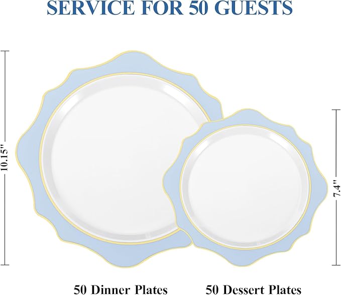 100 PCS White and Blue Disposable Plates for 50 Guests, Scalloped Plastic Plates Include 50 Dinner Plates and 50 Dessert Plates for Party, Wedding and Graduation