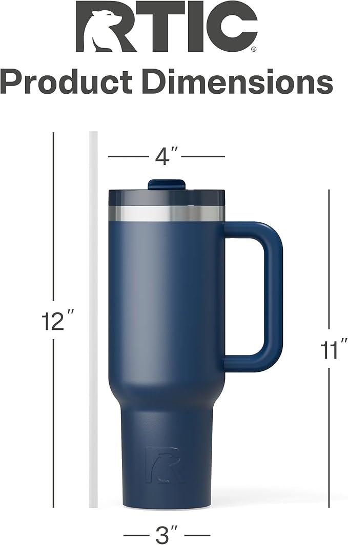 RTIC 40 oz Road Trip Tumbler Double-Walled Cermaic Lined Insulated Stainless Steel Portable Travel Coffee Mug Cup with Lid, Handle and Straw, Navy