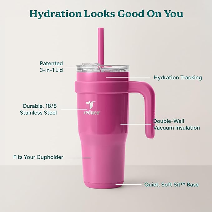 REDUCE 24 oz Stainless Steel Tumbler with Handle - Dual-Wall Vacuum Insulated Travel Mug, Sweat-Proof Lid & Reusable Straw - Keeps Drinks Cold for 24 Hrs, Fits Cupholders, Dishwasher Safe - Sangria