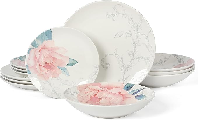 Martha Stewart Peony 12 Piece Porcelain Floral Chip and Scratch Resistant Dinnerware Set