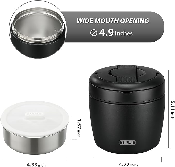 Soup Thermo for Hot Food Adults 32OZ Lunch Containers Wide Mouth Hot Food Jar Vacuum Insulated Stainless Steel Bento Box Leakproof with Spoon (Black)