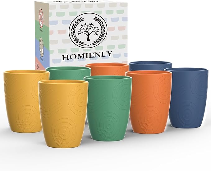 Homienly Drinking Glasses Cups Set of 8 - Wheat Straw Cups | Alternative to Plastic Cups 16 OZ | Reusable Unbreakable Water Tumblers | Dishwasher Safe Drinking Cups for Kitchen - Multi Color