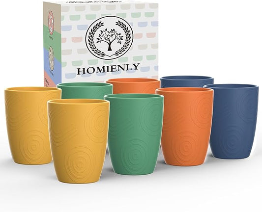 Homienly Drinking Glasses Cups Set of 8 - Wheat Straw Cups | Alternative to Plastic Cups 16 OZ | Reusable Unbreakable Water Tumblers | Dishwasher Safe Drinking Cups for Kitchen - Multi Color