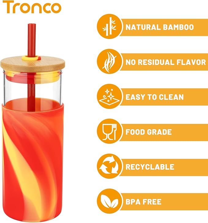 Tronco 20 oz Glass Tumbler with Lid and Straw, Iced Coffee Cup and Smoothie Cup with Bamboo Lids & Protective Silicone Sleeve, Dishwasher Safe, BPA-Free, Glass Cup 1 Pack