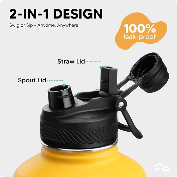 [2-IN-1 LID] 64 oz Insulated Water Bottle with Silicone Boot (48hrs Cold/24hrs Hot) - DIY Stickers, Leakproof, BPA Free, Half Gallon