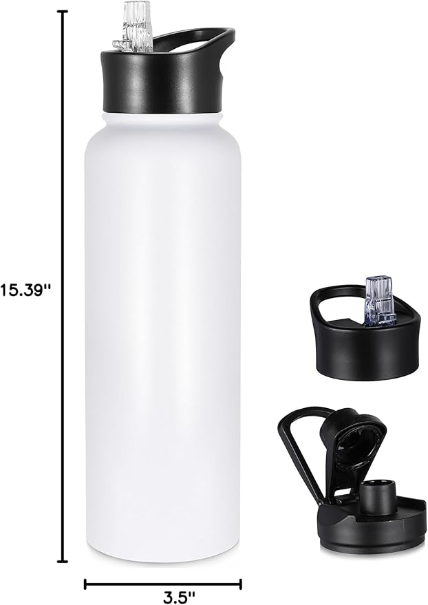 40 oz Insulated Water Bottle with Straw, Stainless Steel Sports Water Bottles with 2 Lids (Straw and Wide Mouth lid), Double Wall Vacuum, Leakproof, BPA-Free, White