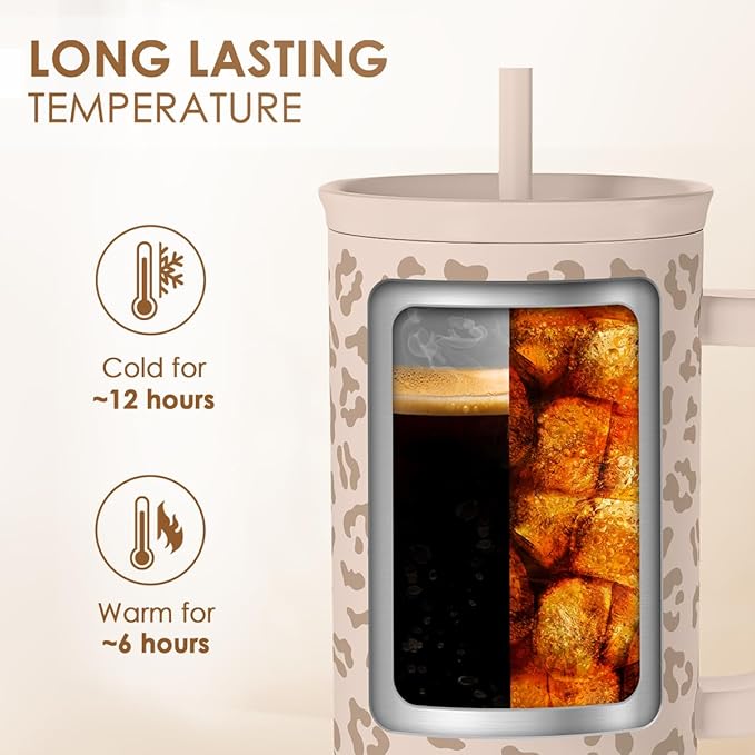 Leopard Tumbler with Handle, Insulated Cup Stainless Steel Travel Mug Cup, Gifts for Women Girl on Birthday Christmas, Tan Leopard, 40oz