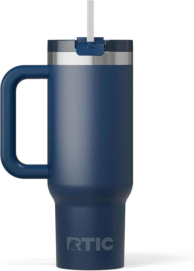 RTIC 30 oz Road Trip Tumbler Double-Walled Ceramic Lined InsulatedStainless Steel Portable Travel Coffee Mug Cup with Lid, Handle and Straw, Navy