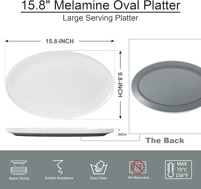 Webbylee ‌16" Melamine Oval Platter Set of 2 - Lightweight Durable Serving Tray for Party, Catering & Home | Dishwasher Safe, Fits Turkey/Charcuterie-White & Grey