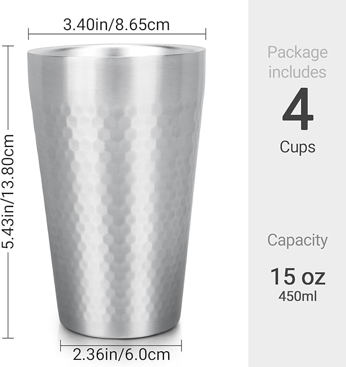 Beasea Stainless Steel Cups 15 oz, 4 Pack Large Stackable Stainless Steel Tumbler Bulk Double Wall Insulated Metal Pint Glasses Tin Cups for Drinking Home Restaurant Office Party Camping