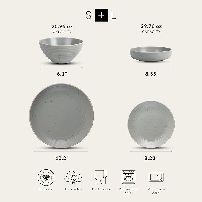 Stone Lain Lauren Stoneware, Rustic Plates and Bowls Set, Dinnerware, Service for 4, Speckled Green, Dishwasher & Microwave Safe, 16-Piece