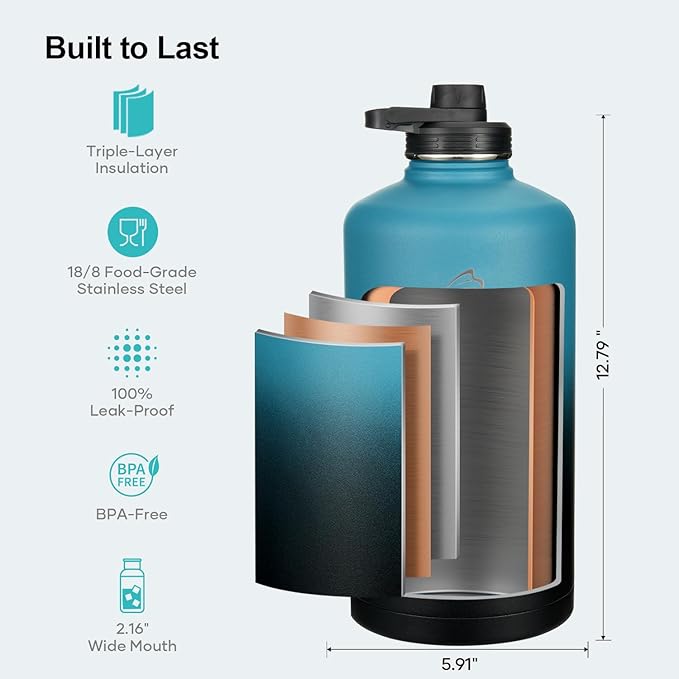BUZIO Gallon Water Bottle Insulated with straw and 3 lids, 128 oz Water Jug Large Vacuum Stainless Steel Metal Flask, Leak Proof & BPA-Free, Cold for 48 Hrs, Indigo Crush