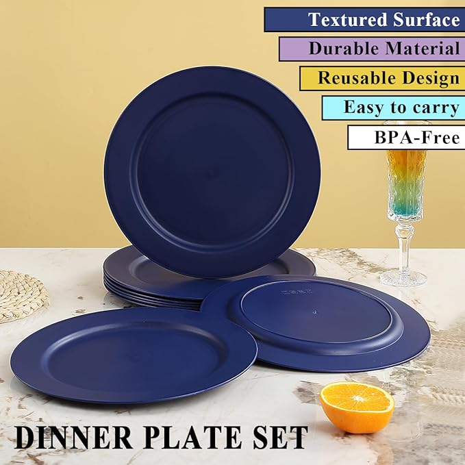 Berglander Plastic Plates Set of 8 Pieces 10", Blue Reusable Flat Dinner Plates, Salad Plates, Pasta Bowls, Dishes Set Easy to Carry for Home, Garden, Picnic, Camping, Outdoor