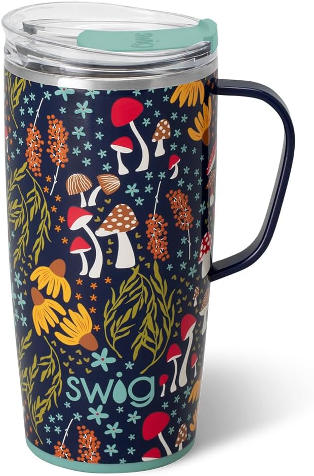Swig Life 22oz Travel Mug, Insulated Tumbler with Handle and Lid, Travel Coffee Mug, Cup Holder Friendly, Stainless Steel 22 oz Tumbler, Reusable Insulated with Lid (Mushroom Meadow)