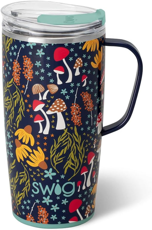 Swig Life 22oz Travel Mug, Insulated Tumbler with Handle and Lid, Travel Coffee Mug, Cup Holder Friendly, Stainless Steel 22 oz Tumbler, Reusable Insulated with Lid (Mushroom Meadow)