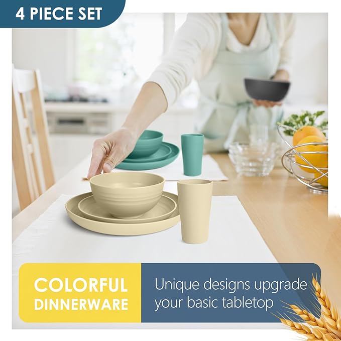 Teivio 32-Piece Kitchen Plastic Wheat Straw Dinnerware Set, Service for 8, Dinner Plates, Dessert Plate, Cereal Bowls, Cups for Everyday Dining, Unbreakable Plastic Outdoor Camping Dishes, Colorful