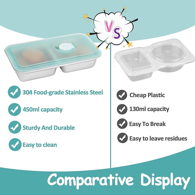 Stainless Steel Snack Containers Reusable - 4 Pack Grab and Go Snack Containers with Lids, 2 Compartment Snack Condiment Containers for Travel, Camping