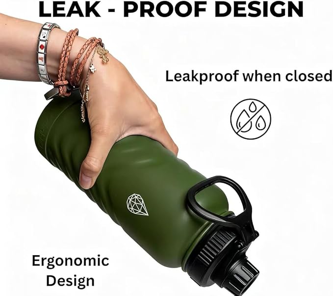 24oz Stainless Steel Insulated Water Bottle, 48H Ice Cold & 24H Hot, Leak-Proof Wide Mouth Lids (Straw & Spout), BPA-Free Bottles, Mens Water Bottle for Gym, Hiking, Travel - Green