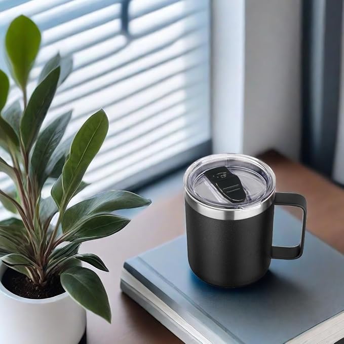 Volhoply 14oz Insulated Stainless Steel Coffee Mug with Leakproof Lid,Double Wall Vacuum Travel Coffee Cup with Handle,Reusable Metal Cups Tumbler,Camping Mugs Keep Hot/Cold,Gifts(Black,1)