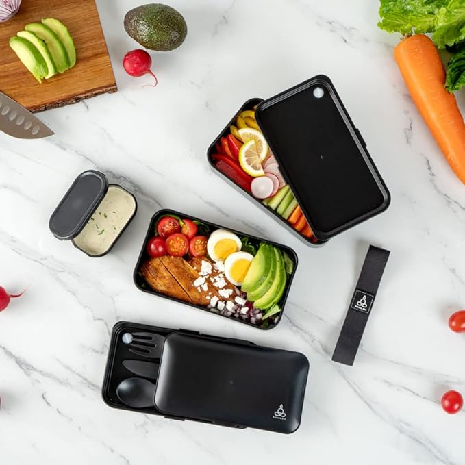 Restaurantware Bento Tek 40.5 Ounces Stackable Lunch Box 1 Reusable Adult Lunch Container - With Utensils Included Sauce Cup Black Plastic Layered Lunch Box Microwavable Dishwashable
