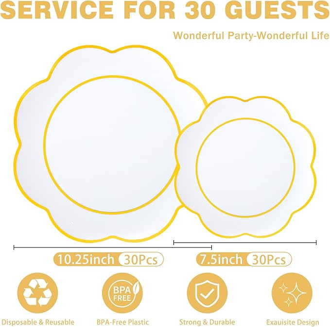 WONDERFUL 60pcs White Plastic Plates Disposable Heavy Duty White and Gold Plastic Plates for Party High-End Plate Includes 30 10.25in Dinner & 30 7.5in Dessert Plate Wedding/Christmas/Thanksgiving