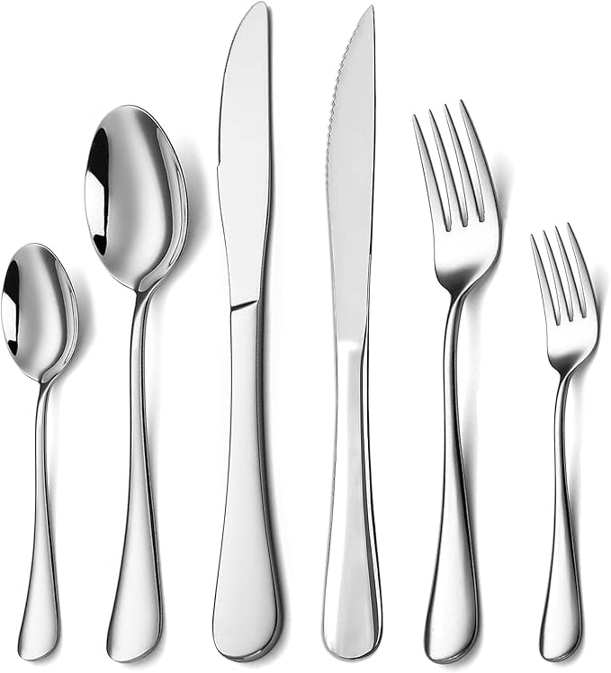Silverware Set,SANTUO Stainless Steel Knives Spoon Forks Set for Home, Kitchen and Restaurant, Mirror Polished& Dishwasher Safe (24pcs Silverware set)