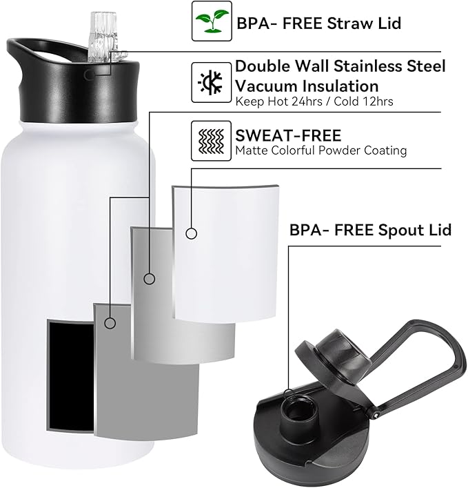 32 oz Insulated Water Bottle Bulk 8 Pack, Stainless Steel Sports Water Bottles with Straw Lid & Wide Mouth Lids, Double Walled Vacuum, Leak Proof, White