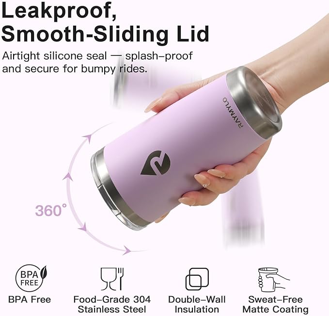20 oz Coffee Tumbler - Insulated Stainless Steel Travel Mug for Hot/Cold, Spill Proof with BPA-Free Detachable Lid, Coffee Cup Fits Most Car holder, Includes Chic Stickers, Light Purple