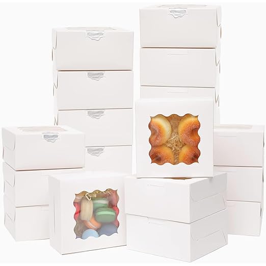 Bakepacker 100pcs White Bakery Boxes with Window 6x6x3 inches Thick & Sturdy Macaroon Pastry & Cookie Boxes