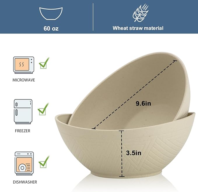 Wrova 65oz Big Wheat Straw Bowls - Large Salad Bowls set of 6 - Unbreakable Serving Bowl Sets - Microwave & Dishwasher Safe Bowl Sets for Cereal,Salad,Fruit - Beige