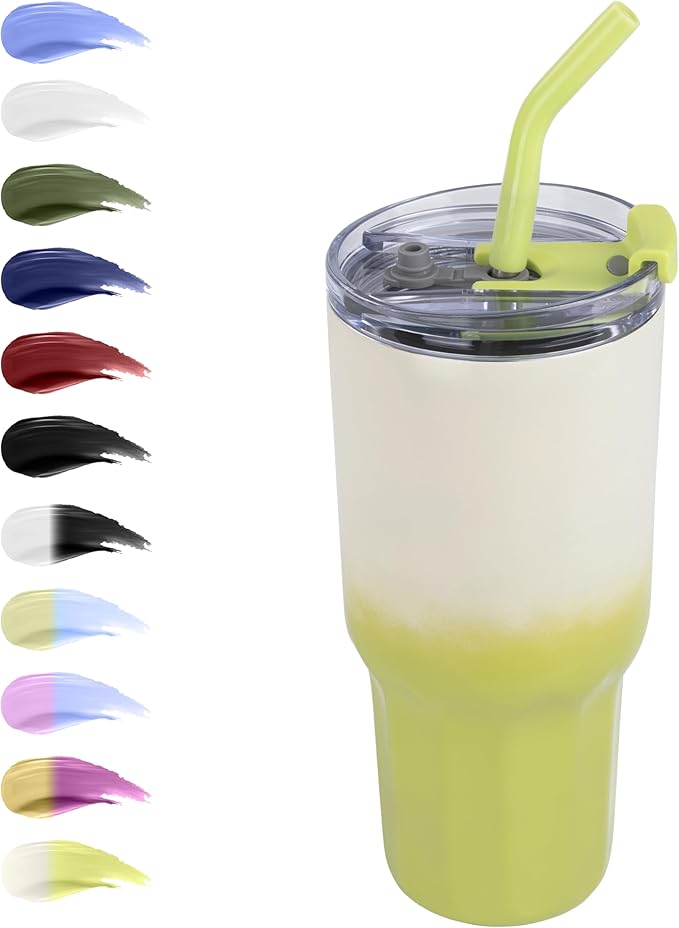 VEGOND 30 oz Insulated Stainless Steel Tumbler with lid and straw Double Wall Vacuum Travel Coffee Mug with Non-Slip Silicone Base, Sweat Proof Powder Coated Cup for Hot Cold Drinks, Green and Yellow