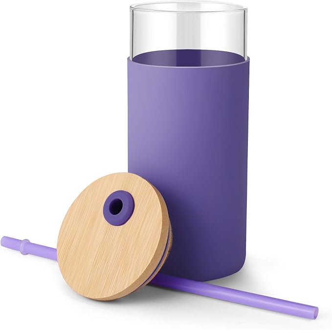 Tronco 20 oz Glass Tumbler with Lid and Straw, Iced Coffee Cup and Smoothie Cup with Bamboo Lids & Protective Silicone Sleeve, Dishwasher Safe, BPA-Free, Glass Cup 1 Pack