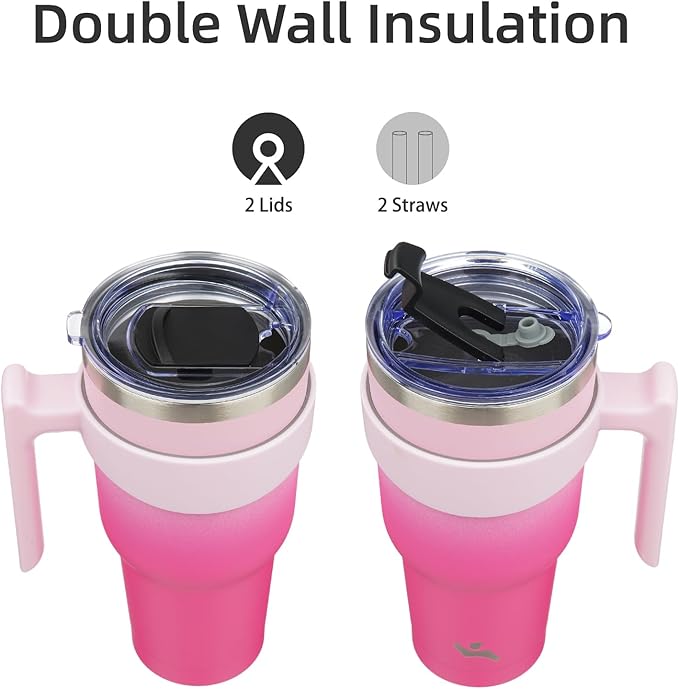 30 oz Tumbler with Handle and 2 Straw 2 Lid, Insulated Water Bottle Stainless Steel Vacuum Cup Reusable Travel Mug, Cherry