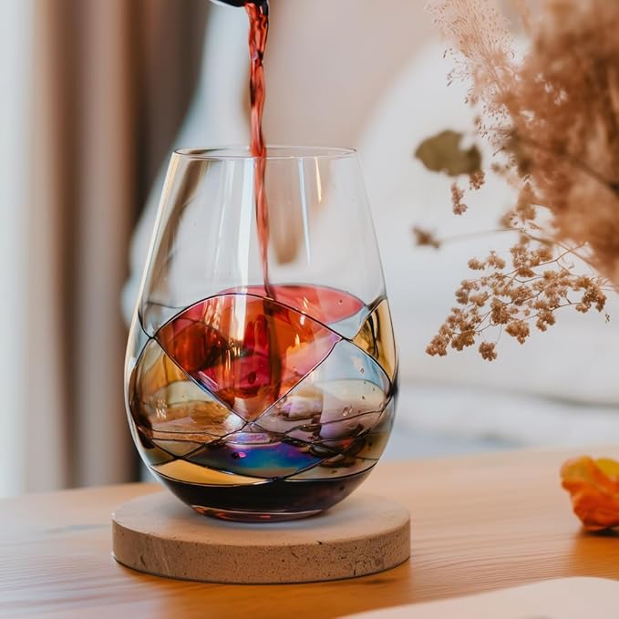 Stemless Wine Glasses – Hand‑Painted Set of 4, Unique Wine Gift for Wedding, Anniversary, Housewarming & Christmas • Sagrada Familia Style • Ideal for Women & Men