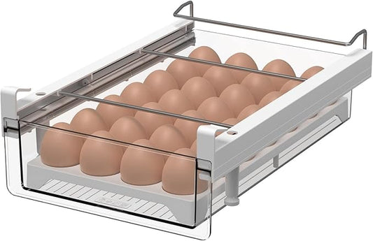 vacane Fridge 28 Egg Drawer Pull Out,Clear Egg Holder Tray for Refrigerator With Handle, Refrigerator Organizer Bins Heavy Duty-L With Egg Tray