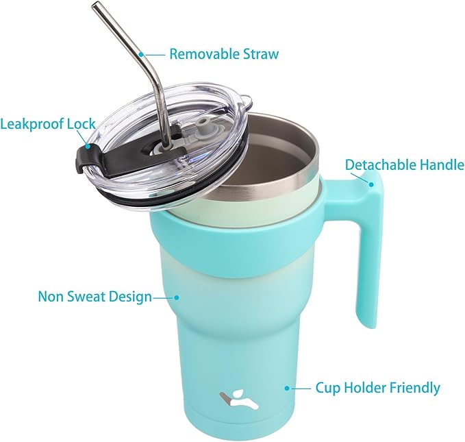 40 oz Tumbler with Handle and 2 Straw 2 Lid, Insulated Water Bottle Stainless Steel Vacuum Cup Reusable Travel Mug, Mint