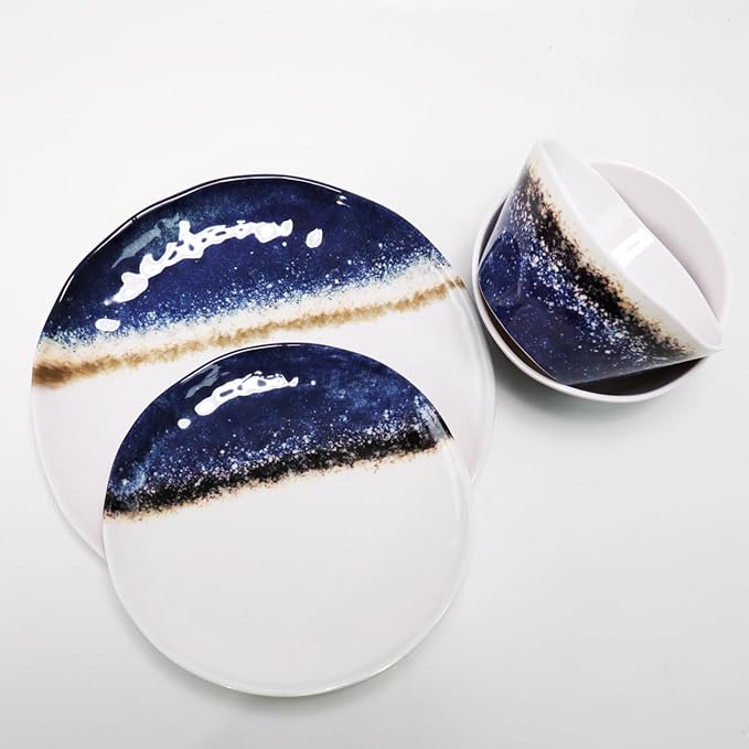 12 Piece Melamine Dinnerware Sets for 4,Unbreakable and Lightweight Plates and Bowls Sets for Camping, Chip and Scratch Resistant,Ideal for RV,Cobalt Blue and White