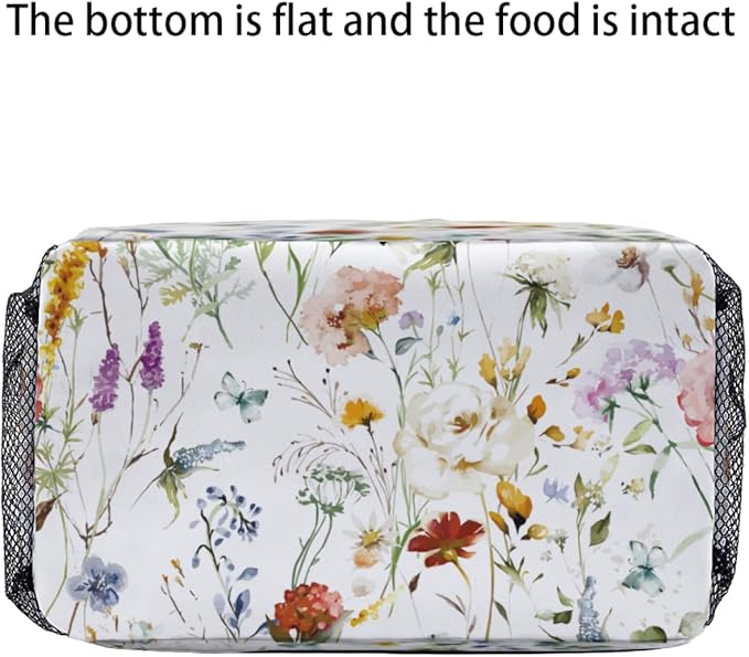 Wildflower Garden Flowers Floral Boho Watercolor Flower Lunch Bag for Women Men Cute Large Capacity Thermal Lunch Tote Reusable Washable with Adjustable Shoulder Strap and Dual Large Mesh Side Pockets