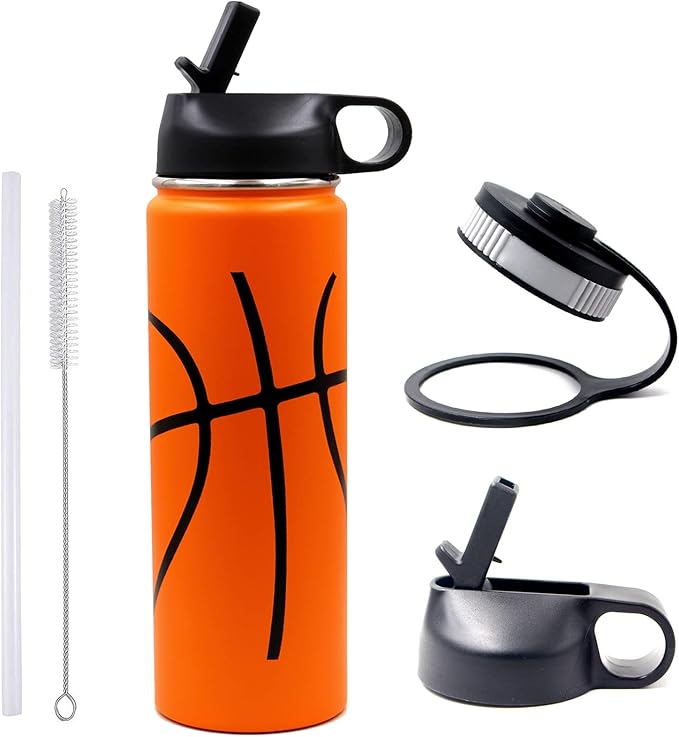 22 oz Basketball Water Bottle, Metal Thermo Travel Tumbler Sports Flask with 2 Lids, Stainless Steel Double Wall Vacuum Insulated Leak Proof Water bottles, Basketball Accessories Gifts for Boys Girls