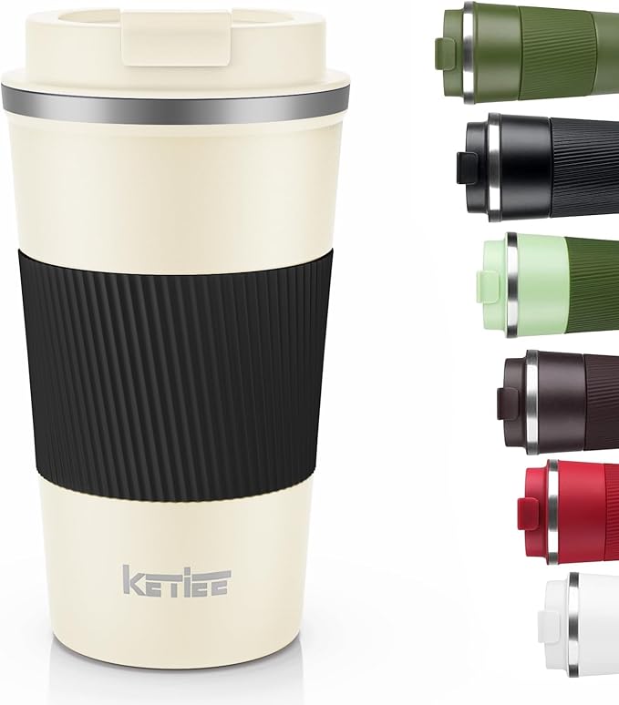 KETIEE 12oz Travel Mug: Vacuum Insulated Coffee Cup with Leakproof Lid, Travel Coffee Mug Stainless Steel Double Walled Reusable Coffee Cup for Hot and Cold Water Coffee (Beige)