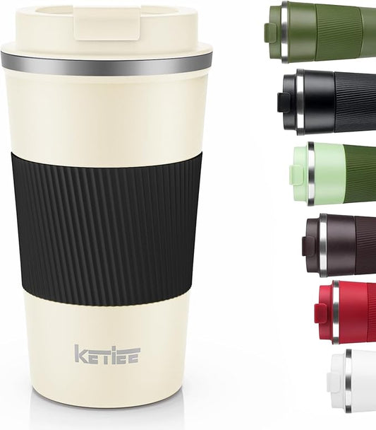 KETIEE 12oz Travel Mug: Vacuum Insulated Coffee Cup with Leakproof Lid, Travel Coffee Mug Stainless Steel Double Walled Reusable Coffee Cup for Hot and Cold Water Coffee (Beige)