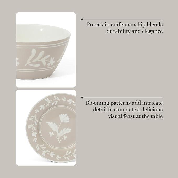 Martha Stewart Maiden Crown 12-Piece Taupe Dinnerware Set – Vegan Bone China Ceramic Plates & Bowls – Floral Design – Service for 4 – Dishwasher & Microwave Safe