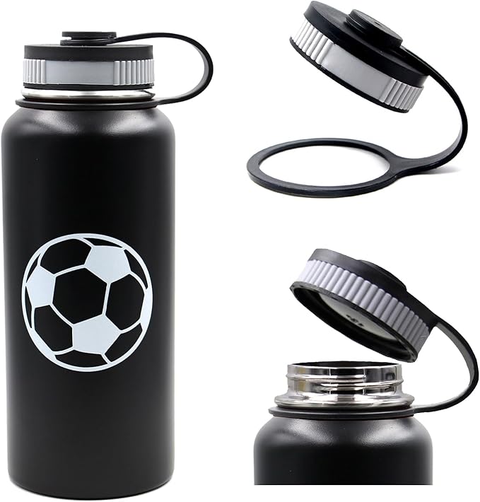 32 oz Soccer Water Bottle, Wide Mouth Sports Flask Travel Tumbler with 2 Lids, Stainless Steel Double Wall Vacuum Leak Proof Insulated Water Bottles, Soccer Stuff Gifts for Mom Men Boys Girls Player