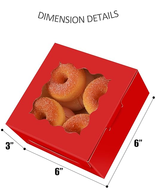 qiqee Red Cookie Boxes with Window 36packs 6x6x3 Red Bakery Box Pastry Box for Wedding Favor Birthday ＆ Party